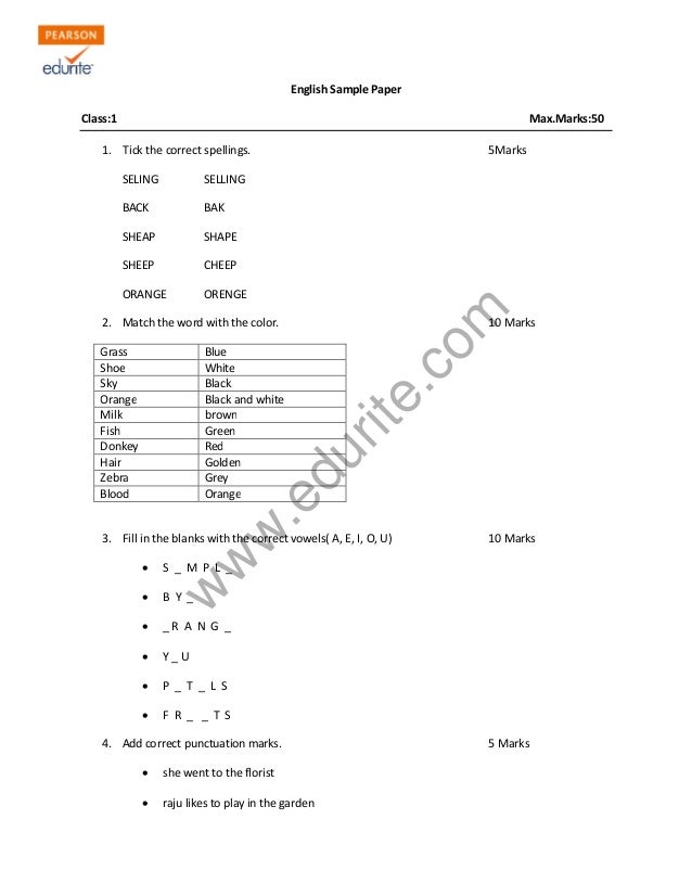 Class 1 CBSE English Sample Paper Model 1