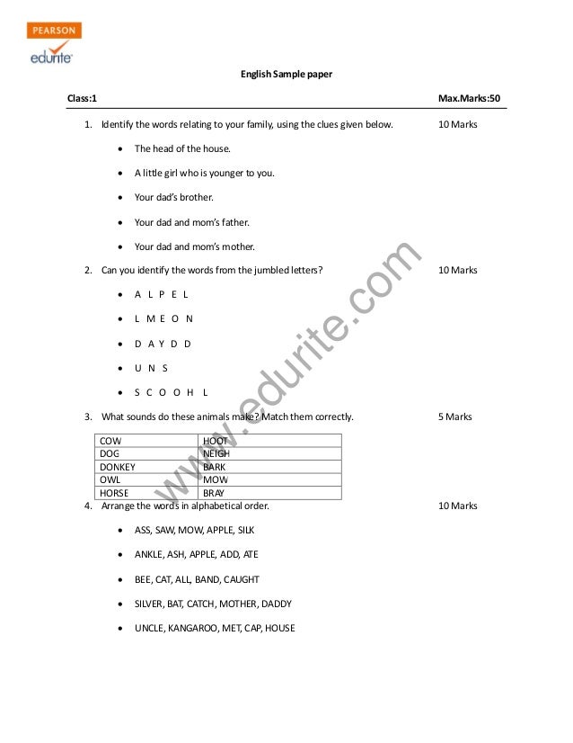Class 1 CBSE English Sample Paper Model 3