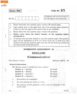 Class 10 Cbse English Communicative Question Paper Term 2