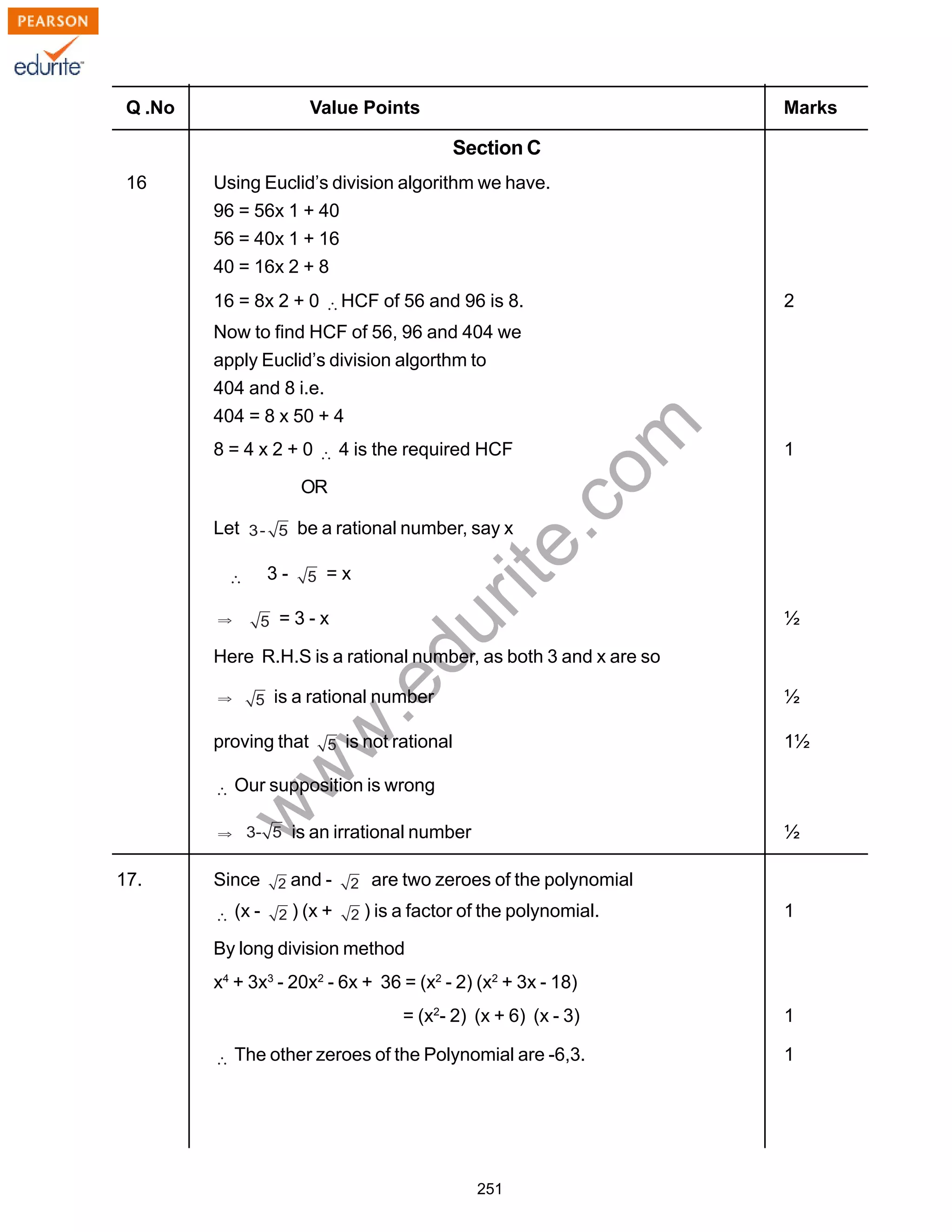 w
w
w
.edurite.com
251
Q .No Value Points Marks
Section C
16 Using Euclid’s division algorithm we have.
96 = 56x 1 + 40
56 = 40x 1 + 16
40 = 16x 2 + 8
16 = 8x 2 + 0 HCF of 56 and 96 is 8. 2
Now to find HCF of 56, 96 and 404 we
apply Euclid’s division algorthm to
404 and 8 i.e.
404 = 8 x 50 + 4
8 = 4 x 2 + 0 4 is the required HCF 1
OR
Let be a rational number, say x
3 - = x
= 3 - x ½
Here R.H.S is a rational number, as both 3 and x are so
is a rational number ½
proving that is not rational 1½
Our supposition is wrong
is an irrational number ½
17. Since and - are two zeroes of the polynomial
(x - ) (x + ) is a factor of the polynomial. 1
By long division method
x4
+ 3x3
- 20x2
- 6x + 36 = (x2
- 2) (x2
+ 3x - 18)
= (x2
- 2) (x + 6) (x - 3) 1
The other zeroes of the Polynomial are -6,3. 1
 