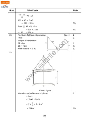 w
w
w
.edurite.com
258
Q .No Value Points Marks
100 + AD = 3 AD
AD = 50 m 1½
From (ii) AB = 50 m
= 50 x 1.732m 1½
or, AB = 86.6 m.
28. Fig, Given, To Prove, Construction ½ x 4 = 2
Proof 2
2nd part of the question:
AE = 9m. 1
CE = 12m. ½
width of street = 21 m. ½
29.
Correct Figure.
Internal curved surface area of cylinder 1
= 2π rh.
= ( 2πx 7 x 6) m2
)
= (2 x x 7 x 6) m2
= 264 m2
1½
 