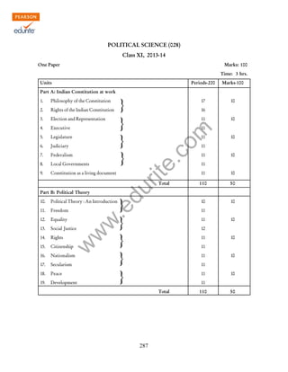 w
w
w
.edurite.com
287
POLITICAL SCIENCE (028)
Class XI, 2013-14
One Paper Marks: 100
Time: 3 hrs.
Units Periods-220 Marks-100
Part A: Indian Constitution at work
1. Philosophy of the Constitution 17 10
2. Rights of the Indian Constitution 16
3. Election and Representation 11 10
4. Executive 11
5. Legislature 11 10
6. Judiciary 11
7. Federalism 11 10
8. Local Governments 11
9. Constitution as a living document 11 10
Total 110 50
Part B: Political Theory
10. Political Theory : An Introduction 10 10
11. Freedom 11
12. Equality 11 10
13. Social Justice 12
14. Rights 11 10
15. Citizenship 11
16. Nationalism 11 10
17. Secularism 11
18. Peace 11 10
19. Development 11
Total 110 50
}
}
}
}
}
}
}
}
}
 