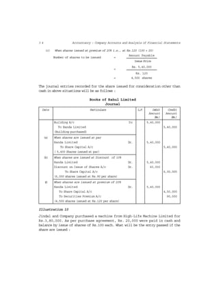 3 4 Accountancy : Company Accounts and Analysis of Financial Statements
(c) When shares issued at premium of 20% i.e., at Rs.120 (100 + 20)
Amount Payable
Number of shares to be issued =
Issue Price
Rs. 5,40,000
=
Rs. 120
= 4,500 shares
The journal entries recorded for the share issued for consideration other than
cash in above situations will be as follows :
Books of Rahul Limited
Journal
Date Particulars L.F. Debit Credit
Amount Amount
(Rs.) (Rs.)
Building A/c Dr 5,40,000
To Handa Limited 5,40,000
(Building purchased)
(a) When shares are issued at par
Handa Limited Dr. 5,40,000
To Share Capital A/c 5,40,000
( 5,400 Shares issued at par)
(b) When shares are issued at Discount of 10%
Handa Limited Dr. 5,40,000
Discount on Issue of Shares A/c Dr. 60,000
To Share Capital A/c 6,00,000
(6,000 shares issued at Rs.90 per share)
(c) When shares are issued at premium of 20%
Handa Limited Dr. 5,40,000
To Share Capital A/c 4,50,000
To Securities Premium A/c 90,000
(4,500 shares issued at Rs.120 per share)
Illustration 10
Jindal and Company purchased a machine from High-Life Machine Limited for
Rs.3,80,000. As per purchase agreement, Rs. 20,000 were paid in cash and
balance by issue of shares of Rs.100 each. What will be the entry passed if the
share are issued :
 
