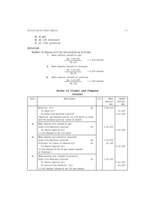 3 5Accounting for Share Capital
(a) at par
(b) at 10% discount
(c) at 20% premium
Solution
Number of shares will be calculated as follows:
i) When shares issued at par
Rs. 3,60,000 = 3,600 shares
Rs.100
ii) When shares issued at discount
Rs. 3,60,000
= 4,000 shares
Rs.90
iii) When shares issued at premium
Rs. 3,60,000 = 3,000 shares
Rs.120
Books of Jindal and Company
Journal
Date Particulars L.F. Debit Credit
Amount Amount
(Rs.) (Rs.)
Machine A/c Dr. 3,80,000
To Bank A/c 20,000
To High Life machine Limited 3,60,000
(Machine purchased and Rs.20,000 paid in cash
and the balance paid by issue of share)
(a) When shares are issued at par
High-Life Machine Limited Dr. 3,60,000
To Share Capital A/c 3,60,000
(3,600 Shares of Rs.100 each)
(b) When shares are issued at discount
High Life Machine Limited Dr. 3,60,000
Discount on Issue of Shares A/c Dr. 40,000
To Share Capital A/c 4,00,000
(4,000 shares of Rs.90 per share issued
at discount )
(c) When shares are issued at premium
High Life Machine Limited Dr. 3,60,000
To Share Capital A/c 3,00,000
To Securities Premium A/c 60,000
(3,000 shares issued at Rs.120 per share)
 