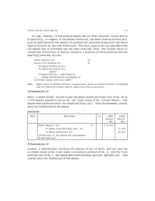 3 9Accounting for Share Capital
In case, however, if the premium amount has not been received, either wholly
or partially, in respect of the shares forfeited, the Share Premium Account will
also be debited with the amount of premium not received along-with the Share
Capital Account at the time forfeiture. This will usually be the case when even
the amount due on allotment has not been received. Thus, the journal entry to
record the forfeiture of shares issued at a premium on which premium has not
been fully received, will be :
Share Capital A/c Dr.
Securities Premium A/c Dr.
To Share Forfeiture A/c
To Share Allotment A/c
and/or
To Share Calls A/c (individually)
(..... shares forefeited for non-payment of
allotment money and calls made)
Note: Where Calls-in-Arrears Account is maintained, Calls-in-Arrears Account is credited
and not Share Allotment and/or Share Call/Calls Accounts.
Illustration 12
Sahil, a share holder, failed to pay the share second and final call of Rs. 20 on
1,000 shares issued to him at Rs. 120 (face value of Rs. 100 per share). His
shares were forfeited after the second and final call. Give the necessary journal
entry for forefeiture of the shares.
Solution
Date Particulars L.F. Debit Credit
Amount Amount
(Rs.) (Rs.)
Share Capital A/c Dr. 1,00,000
To Share IInd and Final Call A/c 20,000
To Share Forfeiture A/c 80,000
(Forfeiture of 300 shares for non-payment
of the final call)
Illustration 13
Sunena, a shareholder holding 500 shares of Rs.10 each, did not pay the
allotment money of Rs. 4 per share (including a premium of Rs. 2) and the first
andfinalcallofRs.3. Hershareswereforfeitedafterthefirst andfinalcall. Give
journal entry for forefeiture of the shares.
 