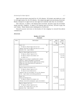 4 7Accounting for Share Capital
Applications were received for 60,000 shares. Allotment was made pro-rata
to the applicants for 48,000 shares, the remaining applications being rejected.
Money overpaid on application was applied towards sums due on allotment.
Shri Chitnis, to whom 1,600 shares were allotted, failed to pay the allotment
money and Shri Jagdale, to whom 2,000 shares were allotted, failed to pay the
call money. These shares were subsequently forfeited.
Record journal entries in the books of the company to record the above
transactions.
Solution
Books of X Ltd.
Journal
Date Particulars L.F. Debit Credit
Amount Amount
(Rs.) (Rs.)
Bank A/c Dr. 2,40,000
To Equity Share Application A/c 2,40,000
(Money received on applications for 60,000
shares @ Rs. 4 per share)
Equity Share Application A/c Dr. 2,40,000
To Equity Share Capital A/c 1,60,000
To Equity Share Allotment A/c 32,000
To Bank a/c 48,000
(Application amount transferred to share
capital, money refunded on rejected
applications and excess application money
under pro-rata distribution credited to
share allotment)
Equity Share Allotment A/c Dr. 2,00,000
To Equity Share Capital A/c 1,20,000
To Securities Premium A/c 80,000
(Amount due on allotment of 40,000 shares
@ Rs. 5 per share including premium)
Bank A/c Dr. 1,61,280
Calls-in-Arrears A/c Dr. 6,720
To Equity Share Allotment A/c 1,68,000
(Money received consequent upon allotment)
Equity Share Call A/c Dr. 1,20,000
To Equity Share Capital A/c 1,20,000
(First call money due on 40,000
shares @ Rs. 3 per share)
 