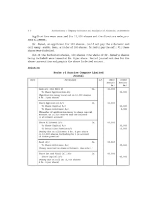6 0 Accountancy : Company Accounts and Analysis of Financial Statements
Applications were received for 12,000 shares and the directors made pro-
rata allotment.
Mr. Ahmad, an applicant for 120 shares, could not pay the allotment and
call money, and Mr. Basu, a holder of 200 shares, failed to pay the call. All these
shares were forfeited.
Out of the forfeited shares, 150 shares (the whole of Mr. Ahmad’s shares
being included) were issued at Rs. 8 per share. Record journal entries for the
above transactions and prepare the share forfeited account.
Solution
Books of Sunrise Company Limited
Journal
Date Particulars L.F. Debit Credit
Amount Amount
(Rs.) (Rs.)
Bank A/c (See Note 1) Dr. 36,000
To Share Application A/c 36,000
(Application money received on 12,000 shares
@ Rs. 3 per share)
Share Application A/c Dr. 36,000
To Share Capital A/c 30,000
To Share Allotment A/c 6,000
(Transfer of application money to share capital
account on 10,000 shares and the balance
to allotment account)
Share Allotment A/c Dr. 40,000
To Share Capital A/c 30,000
To Securities Premium A/c 10,000
(Money due on allotment @ Rs. 4 per share
on 10,000 shares including Re 1 on account
of share premium)
Bank A/c Dr. 33,660
To Share Allotment A/c 33,660
(Money received on share allotment: See note 1)
Share Ist and Final Call A/c Dr. 40,000
Share Capital A/c 40,000
(Money due on call on 10,000 shares
@ Rs. 4 per share)
 