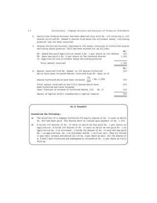 6 2 Accountancy : Company Accounts and Analysis of Financial Statements
2. Securities Premium Account has been debited only with Rs. 100 relating to 100
shares allotted Mr. Ahmad’s shares from whom the allotment money (including
premium) has not been received.
3. Shares-Forfeited Account represents the money received on forfeited shares
excluding share premium. This has been worked-out as follows:
(Rs.)
Mr. Ahmad has paid application money @ Rs. 3 per share on 120 shares 360
Mr. Basu has paid @ Rs. 6 per share on Two hundred shares 1,200
in (application and allotment money excluding premium)
Total amount received 1,560
(Rs.)
4. Amount received from Mr. Ahmad on 100 shares forfeited 360
which have been reissued Amount received from Mr. Basu on 50
shares forfeited which have been reissued
50
× Rs. 1,200
200
300
Total amount received on One fifty shares which have 660
been forfeited and laten reissued
Less: Discount on reissue of forfeited shares (150 Rs. 2) 300
Amount of Capital Profit transferred to capital reserve 360
Do it Yourself
Journalise the following :
(a) The directors of a company forfeited 200 equity shares of Rs. 10 each on which
Rs. 800 had been paid. The Shares were re-issued upon payment of Rs. 1,500.
(b) A holds 100 shares of Rs. 10 each on which he has paid Re. 1 per share on
application. B holds 200 Shares of Rs. 10 each on which he has paid Re. 1 on
application Rs. 2 on allotment. C holds 300 shares of Rs. 10 each who has paid
Re. 1 on applications, Rs. 2 on allotment and Rs. 3 on first call. They all failed
to pay their arrears and second call of Rs. 4 per share as well. All the shares of
A, B and C were forfeited and subsequently reissued at Rs. 11 per share as fully
Paid-up.
 