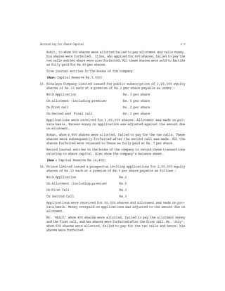 6 9Accounting for Share Capital
Rohit, to whom 300 shares were allotted failed to pay allotment and calls money,
his shares were forfeited. Itika, who applied for 600 shares, failed to pay the
two calls and her share were also forfeited. All these shares were sold to Kartika
as fully paid for Rs.80 per shares.
Give journal entries in the books of the company.
(Ans: Capital Reserve Rs.7,000)
15. Himalaya Company Limited issued for public subscription of 1,20,000 equity
shares of Rs.10 each at a premium of Rs.2 per share payable as under :
With Application Rs. 3 per share
On allotment (including premium) Rs. 5 per share
On First call Rs. 2 per share
On Second and Final call Rs. 2 per share
Applications were received for 1,60,000 shares. Allotment was made on pro-
rata basis. Excess money on application was adjusted against the amount due
on allotment.
Rohan, whom 4,800 shares were allotted, failed to pay for the two calls. These
shares were subsequently forfeited after the second call was made. All the
shares forfeited were reissued to Teena as fully paid at Rs. 7 per share.
Record journal entries in the books of the company to record these transactions
relating to share capital. Also show the company’s balance sheet.
(Ans : Capital Reserve Rs.14,400)
16. Prince Limited issued a prospectus inviting applications for 2,00,000 equity
shares of Rs.10 each at a premium of Rs.3 per share payable as follows :
With Application Rs.2
On Allotment (including premium) Rs.5
On First Call Rs.3
On Second Call Rs.3
Applications were received for 30,000 shares and allotment was made on pro-
rata basis. Money overpaid on applications was adjusted to the amount due on
allotment.
Mr. ‘Mohit’ whom 400 shares were allotted, failed to pay the allotment money
and the first call, and her shares were forfeited after the first call. Mr. ‘Joly’,
whom 600 shares were allotted, failed to pay for the two calls and hence, his
shares were forfeited.
 