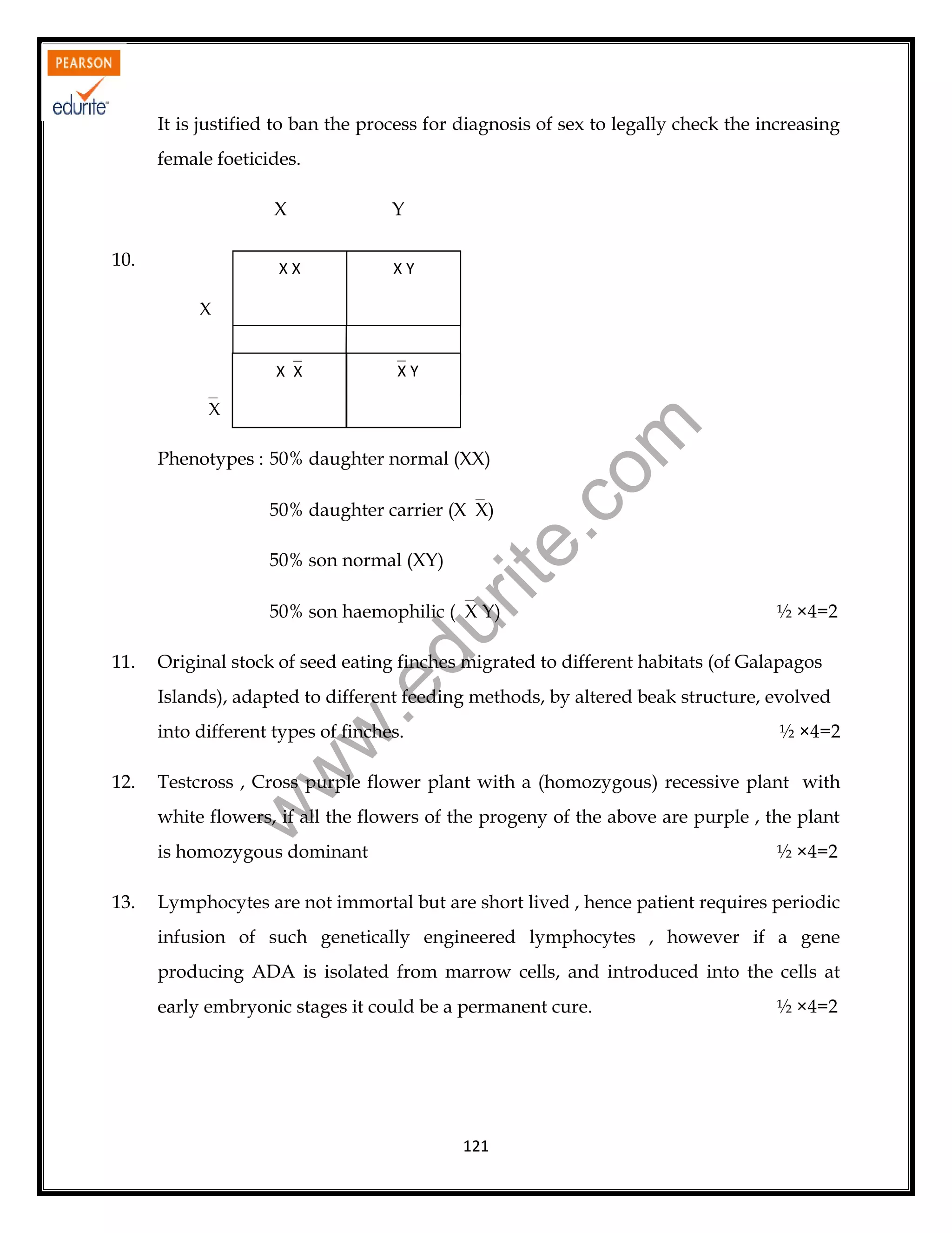 It is justified to ban the process for diagnosis of sex to legally check the increasing
female foeticides.
X
XX

XY

XX

10.

Y

X Y

X

rit
e.
co
m

X
Phenotypes : 50% daughter normal (XX)

50% daughter carrier (XX)
50% son normal (XY)

½ ×4=2

Original stock of seed eating finches migrated to different habitats (of Galapagos

.e

11.

du

50% son haemophilic (X Y)

Islands), adapted to different feeding methods, by altered beak structure, evolved

12.

½ ×4=2

w
w

into different types of finches.

Testcross , Cross purple flower plant with a (homozygous) recessive plant with

w

white flowers, if all the flowers of the progeny of the above are purple , the plant
is homozygous dominant
13.

½ ×4=2

Lymphocytes are not immortal but are short lived , hence patient requires periodic
infusion of such genetically engineered lymphocytes , however if a gene
producing ADA is isolated from marrow cells, and introduced into the cells at
early embryonic stages it could be a permanent cure.

121

½ ×4=2

 