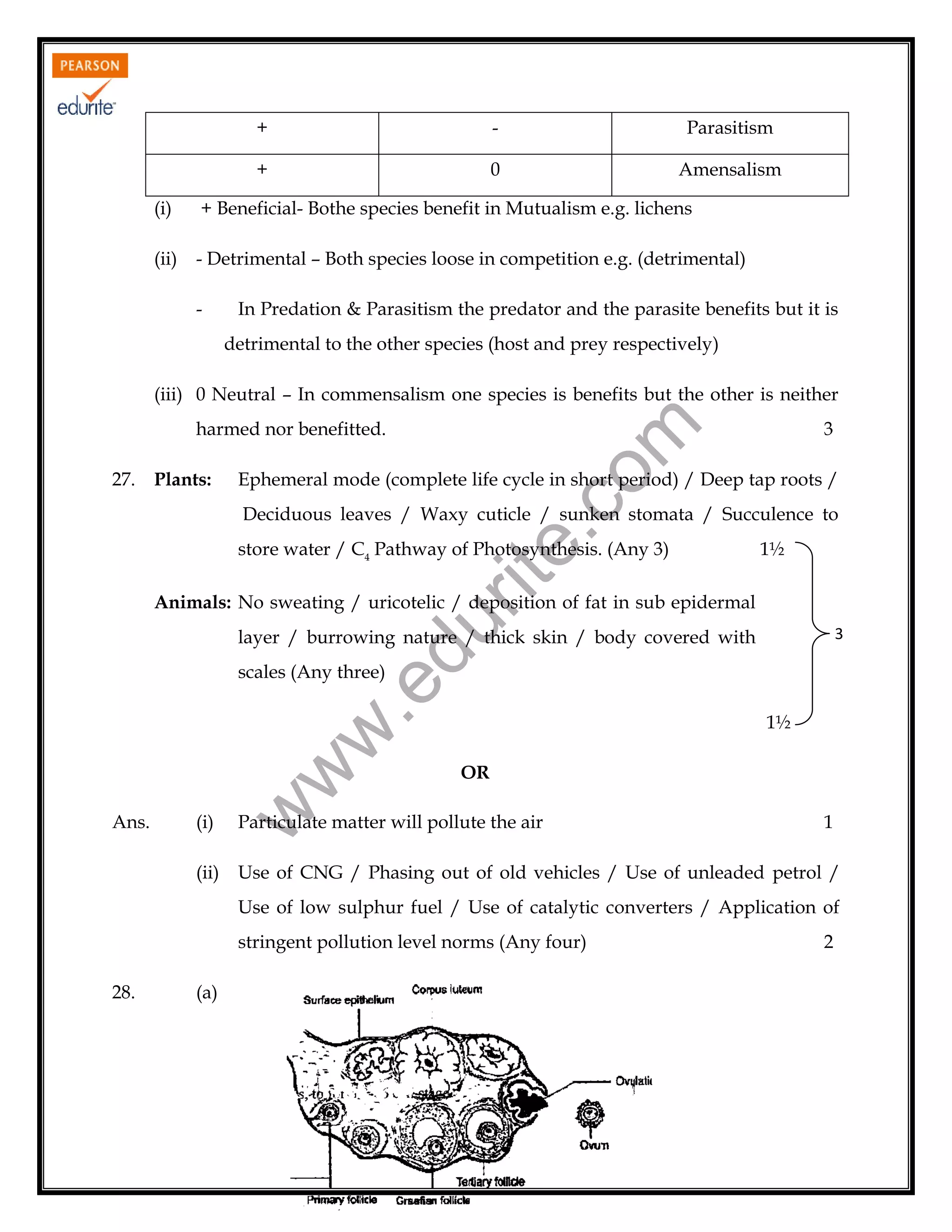 +

-

Parasitism

+

0

Amensalism

(i)

+ Beneficial- Bothe species benefit in Mutualism e.g. lichens

(ii)

- Detrimental – Both species loose in competition e.g. (detrimental)
-

In Predation & Parasitism the predator and the parasite benefits but it is
detrimental to the other species (host and prey respectively)

(iii) 0 Neutral – In commensalism one species is benefits but the other is neither

27.

Plants:

rit
e.
co
m

harmed nor benefitted.

3

Ephemeral mode (complete life cycle in short period) / Deep tap roots /
Deciduous leaves / Waxy cuticle / sunken stomata / Succulence to
store water / C4 Pathway of Photosynthesis. (Any 3)

1½

du

Animals: No sweating / uricotelic / deposition of fat in sub epidermal
layer / burrowing nature / thick skin / body covered with

Ans.

(i)
(ii)

1½
OR

w

w
w

.e

scales (Any three)

3

Particulate matter will pollute the air

1

Use of CNG / Phasing out of old vehicles / Use of unleaded petrol /
Use of low sulphur fuel / Use of catalytic converters / Application of
stringent pollution level norms (Any four)

28.

(a)

125

2

 