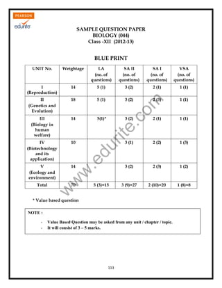 Class 12 Cbse Biology Sample Paper 2012-13 | PDF