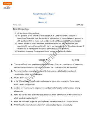 Cbse Class 12 Biology Sample Paper Model 1 | PDF