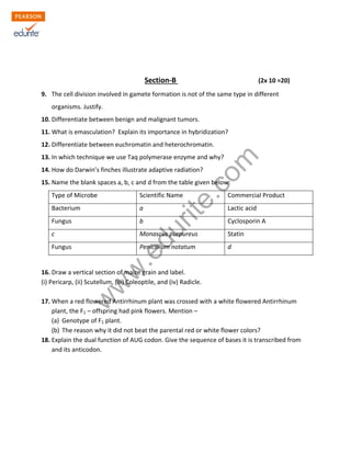 Cbse Class 12 Biology Sample Paper Model 1 | PDF