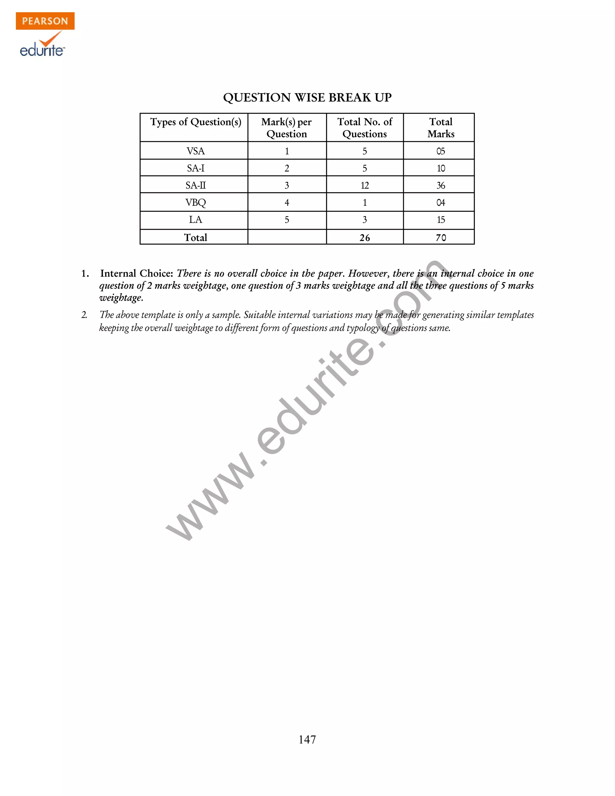 w
w
w
.edurite.com
147
QUESTION WISE BREAK UP
Types of Question(s) Mark(s) per Total No. of Total
Question Questions Marks
VSA 1 5 05
SA-I 2 5 10
SA-II 3 12 36
VBQ 4 1 04
LA 5 3 15
Total 26 70
1. Internal Choice: There is no overall choice in the paper. However, there is an internal choice in one
question of 2 marks weightage, one question of 3 marks weightage and all the three questions of 5 marks
weightage.
2. The above template is only a sample. Suitable internal variations may be made for generating similar templates
keeping the overall weightage to different form of questions and typology of questions same.
 