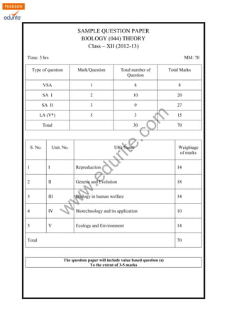 SAMPLE QUESTION PAPER
BIOLOGY (044) THEORY
Class – XII (2012-13)
Time: 3 hrs

MM: 70
Mark/Question

Total number of
Question

Total Marks

VSA

1

8

8

SA I

2

10

20

SA II

3

9

27

LA (V*)

5

3

15

30

70

co
m

Type of question

Unit. No.

Unit Name

du

rit

S. No.

e.

Total

I

Reproduction

2

II

Genetic and Evolution

3

III

4
5

w

.e

1

Weightage
of marks
14
18
14

IV

Biotechnology and its application

10

V

Ecology and Environment

14

w

w

Biology in human welfare

Total

70

The question paper will include value based question (s)
To the extent of 3-5 marks

 