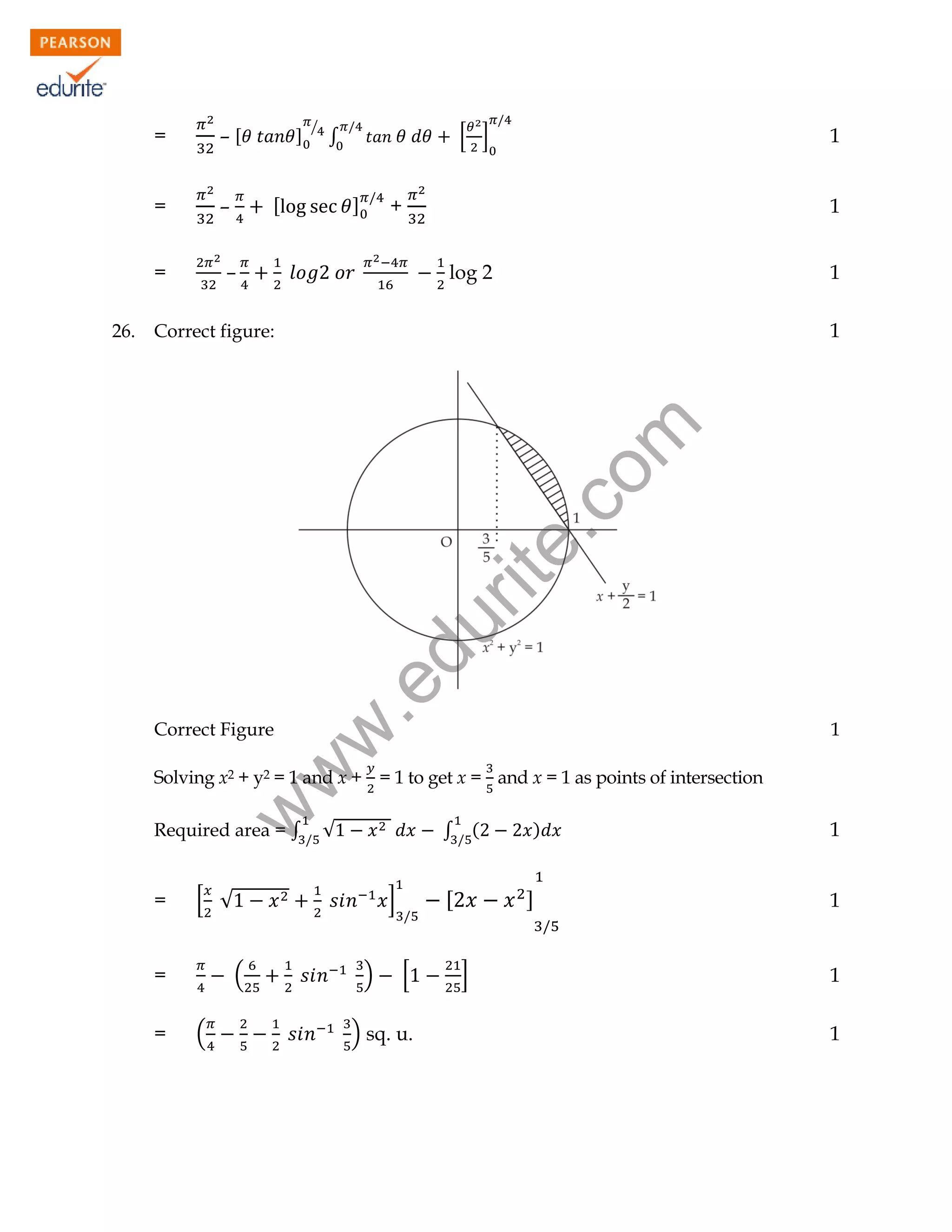 =

–[

=

–

⁄

[

1

[ ]

∫

]

+

–

=

1
log 2

1
1

.e

du

rit
e.
co
m

Correct figure:

1

w
w

Correct Figure

Solving x2 + y2 = 1 and x + = 1 to get x = and x = 1 as points of intersection

w

26.

]

Required area = ∫

=

[ √

(

[

]

(

=
=

∫ (

√

)

[

) sq. u.

)

]
]

1
1

1
1

 