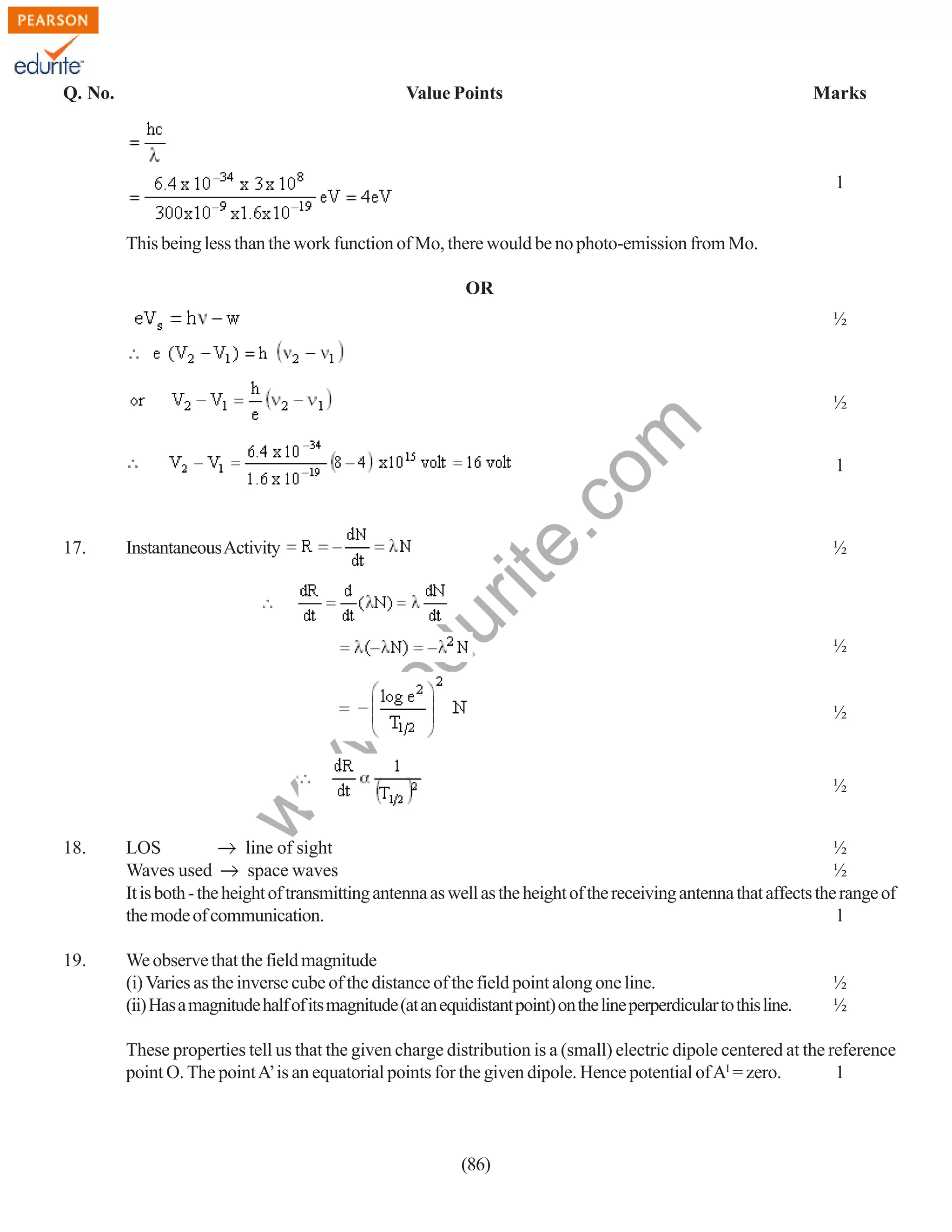 Q. No.

Value Points

Marks

1
This being less than the work function of Mo, there would be no photo-emission from Mo.
OR
½

Instantaneous Activity

.e

du

17.

rit
e.
co
m

½
1

½

½

w
w

½

w

½

18.

LOS
line of sight
½
Waves used
space waves
½
It is both - the height of transmitting antenna as well as the height of the receiving antenna that affects the range of
the mode of communication.
1

19.

We observe that the field magnitude
(i) Varies as the inverse cube of the distance of the field point along one line.
(ii) Has a magnitude half of its magnitude (at an equidistant point) on the line perperdicular to this line.

½
½

These properties tell us that the given charge distribution is a (small) electric dipole centered at the reference
point O. The point A’ is an equatorial points for the given dipole. Hence potential of AI = zero.
1

(86)

 