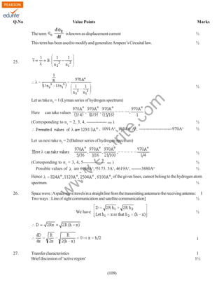 Q.No

Value Points
The term

Marks

is known as displacement current

This term has been used to modify and generalize Ampere’s Circuital law.

½
½

25.

½

Here

can take values

(Corresponding to n1 = 2, 3, 4, --------------

rit
e.
co
m

Let us take n2 = 1 (Lyman series of hydrogen spectrum)

)

, 1091Ao, 1034.6 Ao, ----------------------970Ao

½
½

Let us next take n2 = 2 (Balmer series of hydrogen spectrum)

.e

du

∴
λ

26.

½
½

of the given lines, cannot belong to the hydrogen atom
½

w

Hence
spectrum.

w
w

(Coresponding to n1 = 3, 4, 5--------------)
o
Possible values of
are 6984A , 5173. 3Ao, 4619Ao, -------3880Ao

½

Space wave : A space wave travels in a straight line from the transmitting antenna to the receiving antenna : 1
Two ways : Line of sight communication and satellite communication]
½
½

We have

1
27.

Transfer characteristics
Brief discussion of ‘active region’

1
1½
(109)

 