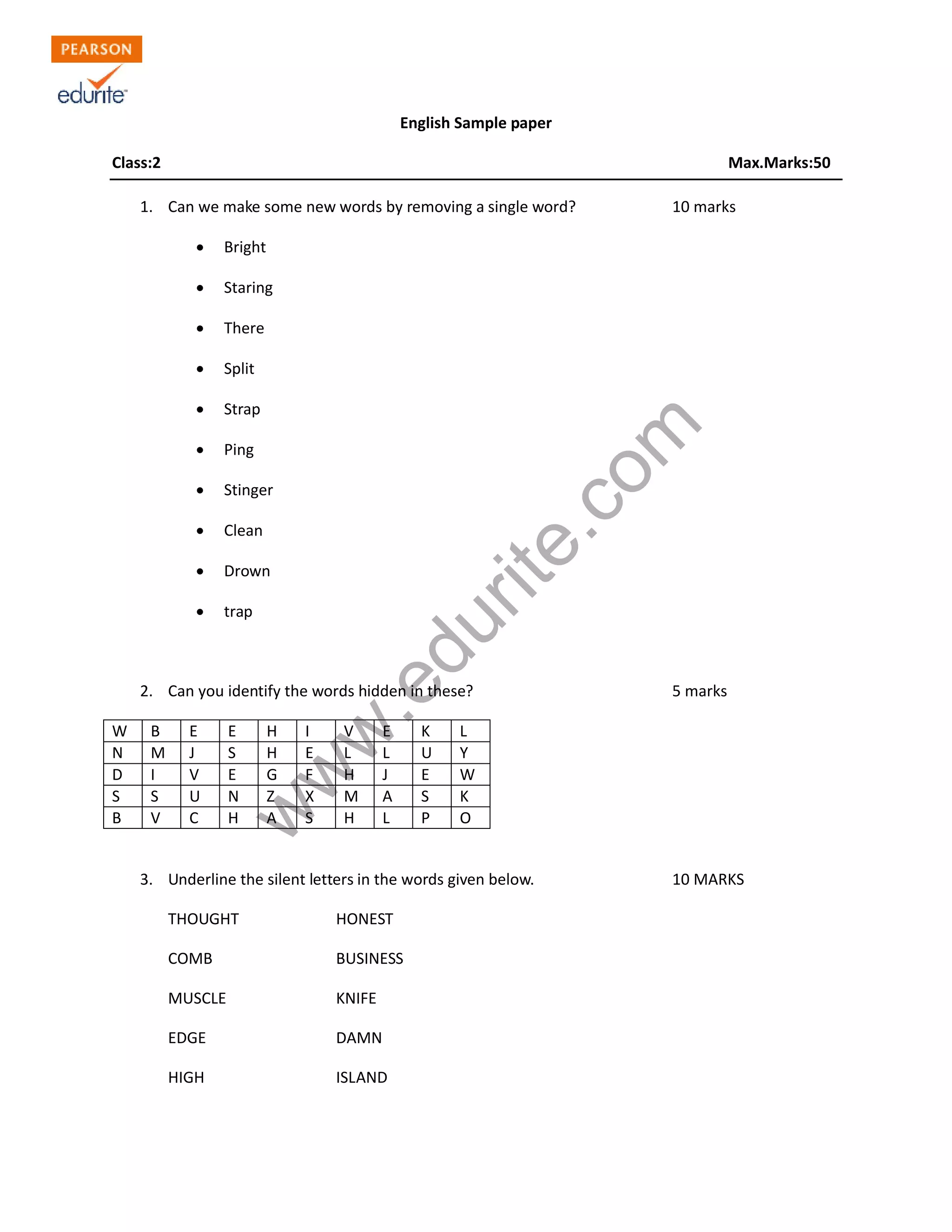 Class 2 CBSE English Sample Paper Model 2 PDF