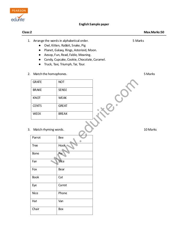 Class 2 CBSE English Sample Paper Model 3