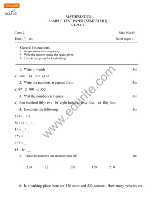 Class 2 CBSE Maths Sample Paper Term 1 Model 1