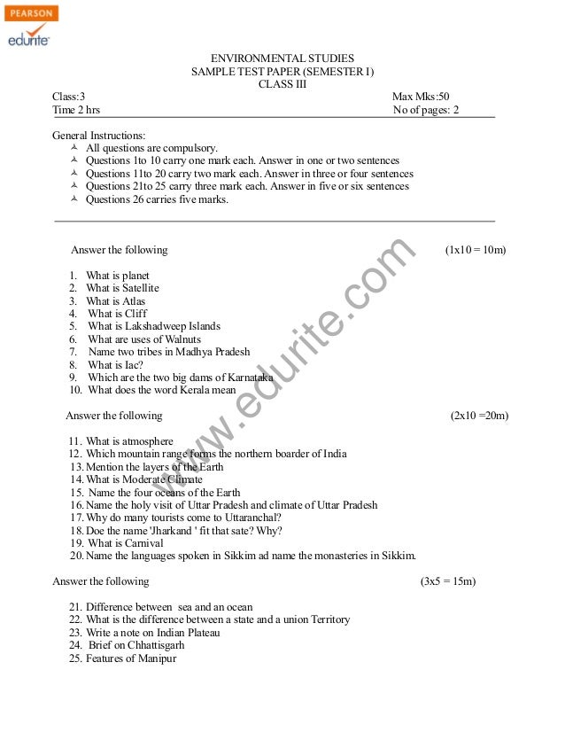 Class 3 CBSE Environmental Studies Sample Paper Term 1 Model 3
