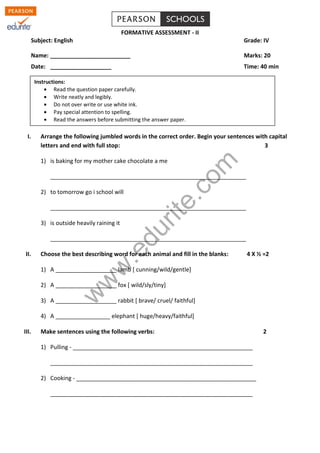 Class 4 Cbse English Question Paper FA 2 | PDF