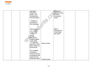 www.edurite.com 
- 32 - 
opposites, 
describing 
words and 
homophones 
from the lesson 
*Children to 
punctuate a 
short passage 
*Role play of 
any animal 
using mask 
*To tell 
the jokes to 
create laughter 
in the class 
*To write the 
past form of the 
given verbs e.g. 
Know-knew 
*To complete 
the picture 
cards of various 
occupations and 
write one/ two 
sentences about 
Picture Cards 
Picture Cards 
punctuate a 
passage using 
common 
punctuation 
marks 
Able to 
exchange his 
or her ideas 
with peers 
 