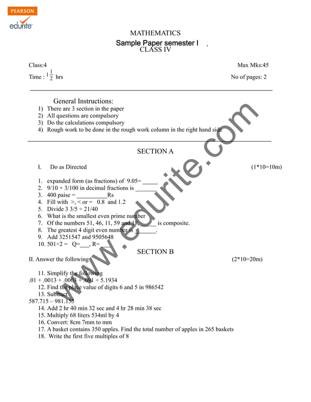 Class 4 Cbse Maths Sample Paper Term 1 Model 1 Pdf Class 4 Cbse Maths Sample Paper Term 1 Model 1 Pdf