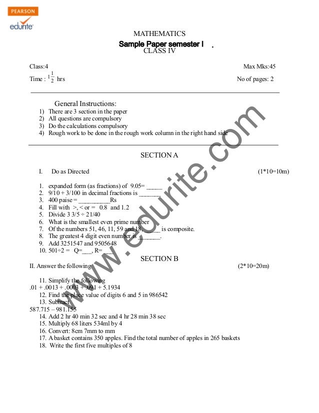 Class 4 Cbse Maths Sample Paper Term 1 Model 1 Class 4 Cbse Maths Sample Paper Term 1 Model 1