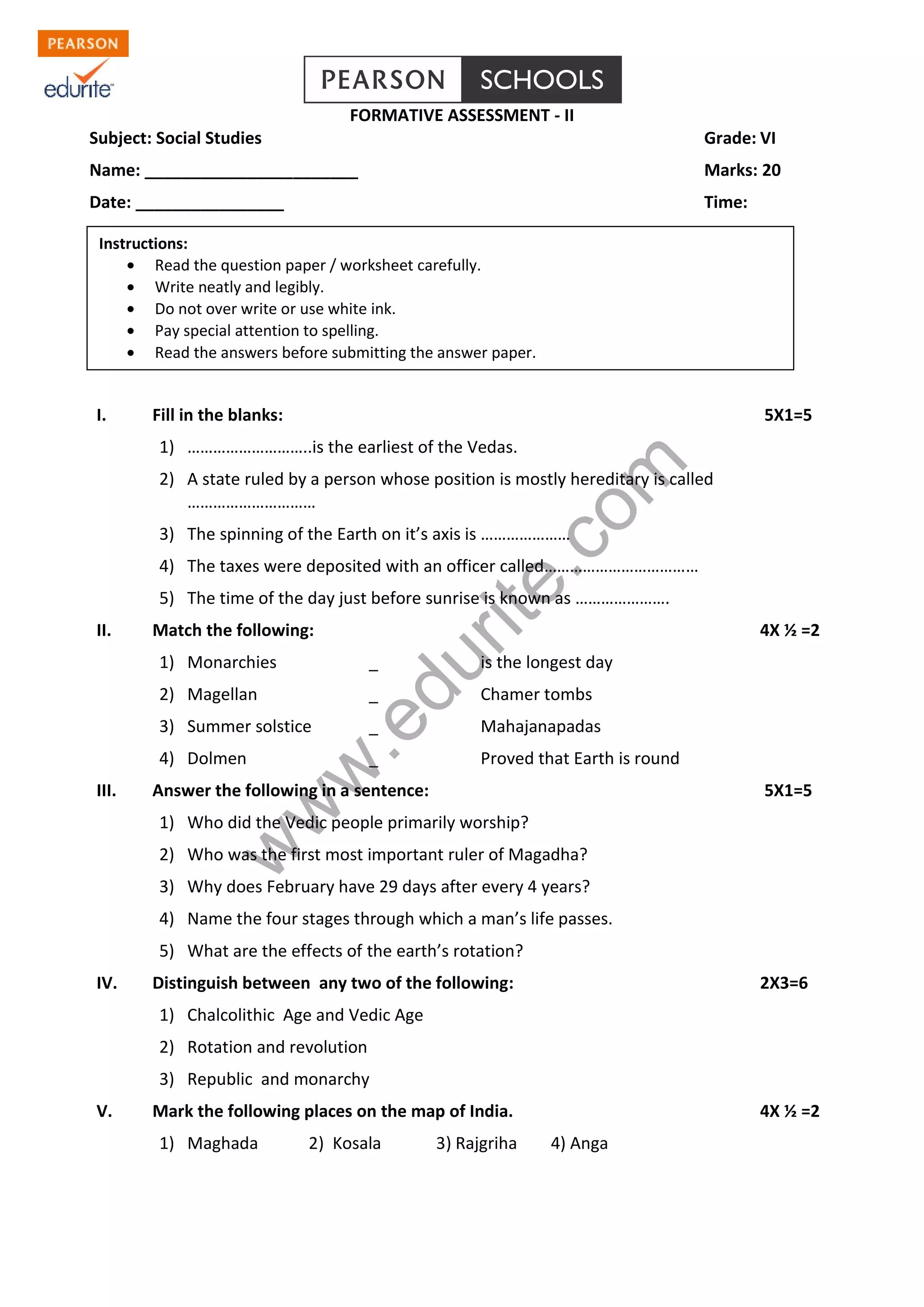 Class 6 Cbse Social Studies Question Paper FA 2 | PDF