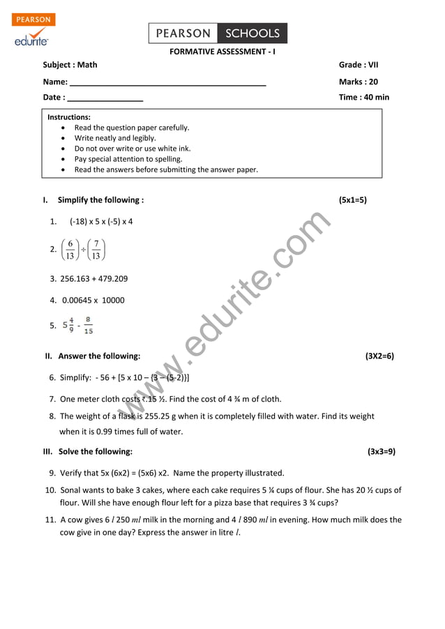 Class 7 Cbse Maths Question Paper | PDF | Educational Assessment ...