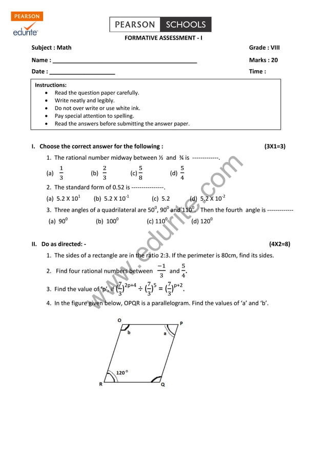 Class 8 Cbse Maths Question Paper FA 1 PDF Class 8 cbse maths question paper fa 1 pdf