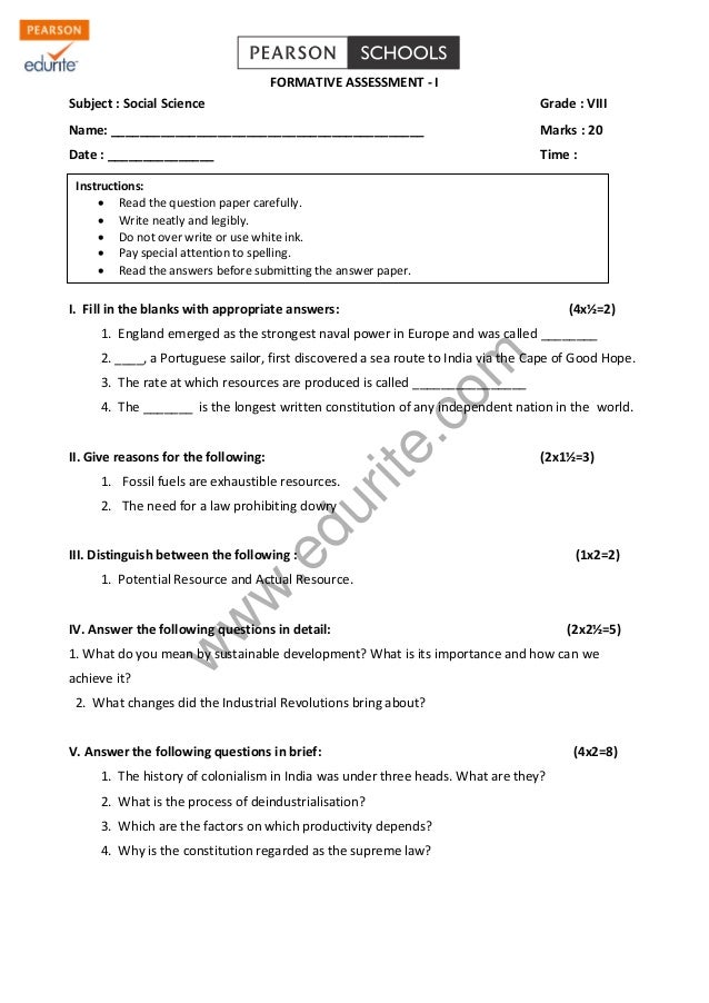 social 8 science exam for papers grade Social Cbse Question 1 Class 8 Paper Science FA