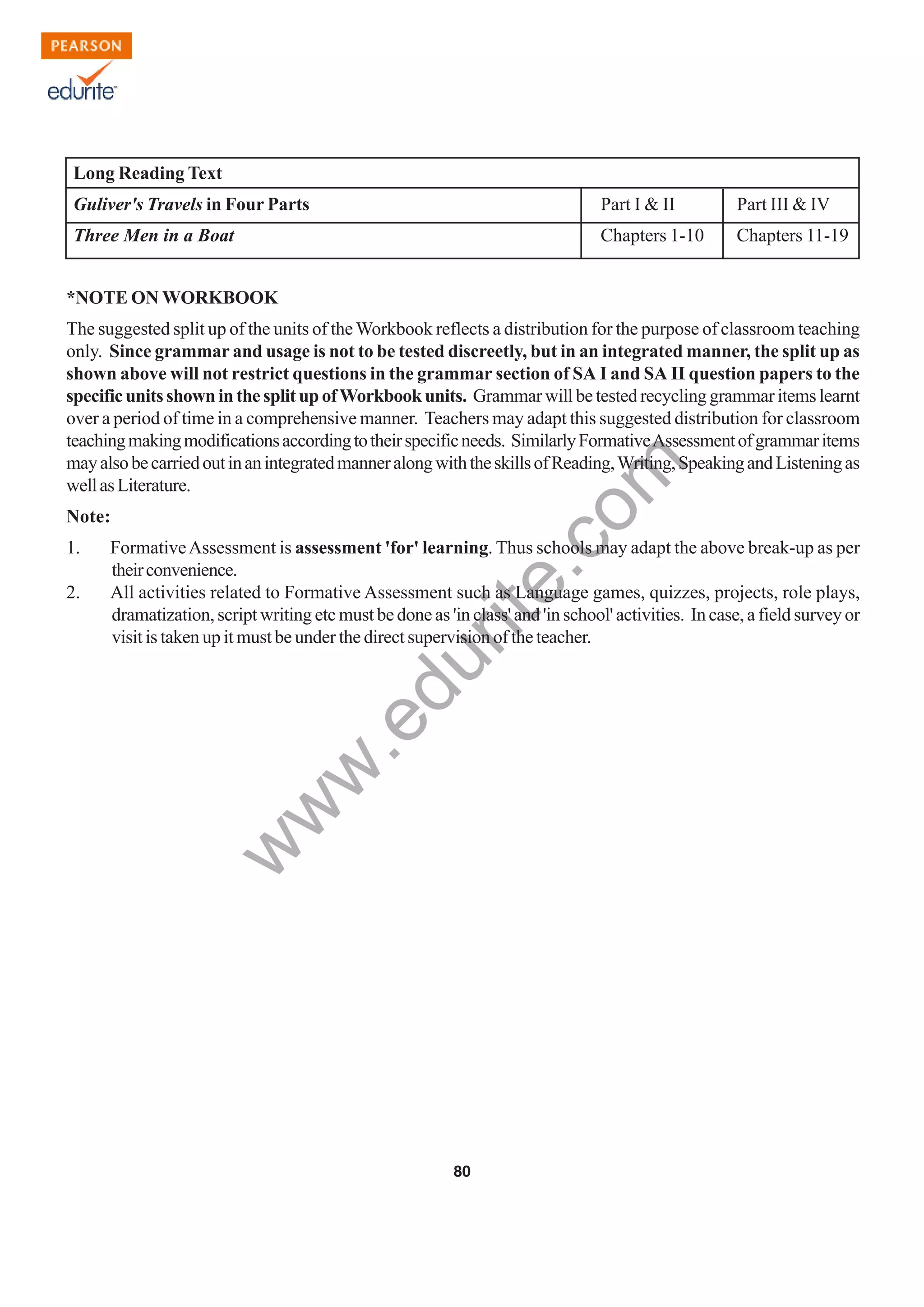 w
w
w
.edurite.com
80
Long Reading Text
Guliver's Travels in Four Parts Part I & II Part III & IV
Three Men in a Boat Chapters 1-10 Chapters 11-19
*NOTE ON WORKBOOK
The suggested split up of the units of theWorkbook reflects a distribution for the purpose of classroom teaching
only. Since grammar and usage is not to be tested discreetly, but in an integrated manner, the split up as
shown above will not restrict questions in the grammar section of SA I and SA II question papers to the
specificunitsshowninthesplitupofWorkbookunits. Grammarwillbetestedrecyclinggrammaritemslearnt
over a period of time in a comprehensive manner. Teachers may adapt this suggested distribution for classroom
teachingmakingmodificationsaccordingtotheirspecificneeds. SimilarlyFormativeAssessmentofgrammaritems
mayalsobecarriedoutinanintegratedmanneralongwiththeskillsofReading,Writing,SpeakingandListeningas
wellasLiterature.
Note:
1. FormativeAssessment is assessment 'for' learning. Thus schools may adapt the above break-up as per
theirconvenience.
2. All activities related to Formative Assessment such as Language games, quizzes, projects, role plays,
dramatization, script writing etc must be done as 'in class' and 'in school' activities. In case, a field survey or
visit is taken up it must be under the direct supervision of the teacher.
 