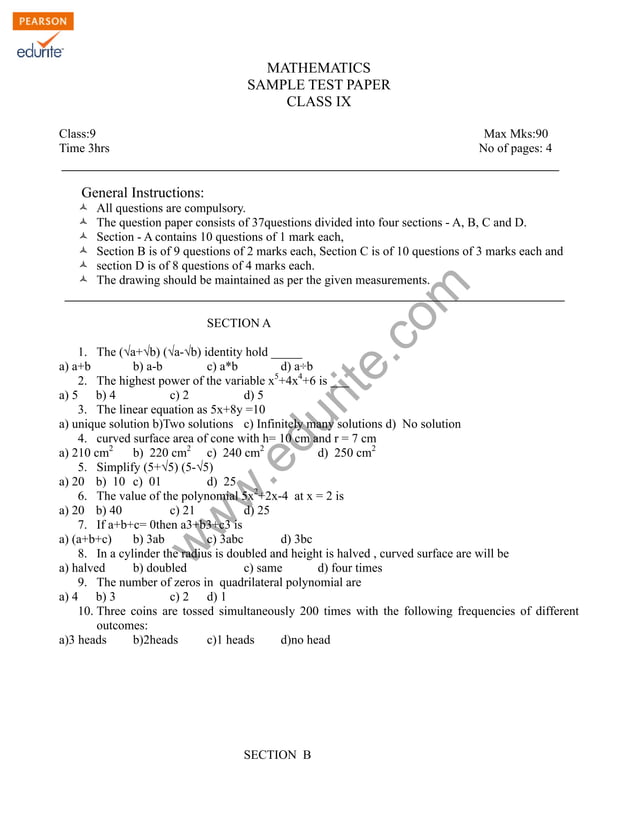 Class 9 Cbse Maths Sample Paper Model 1 | PDF