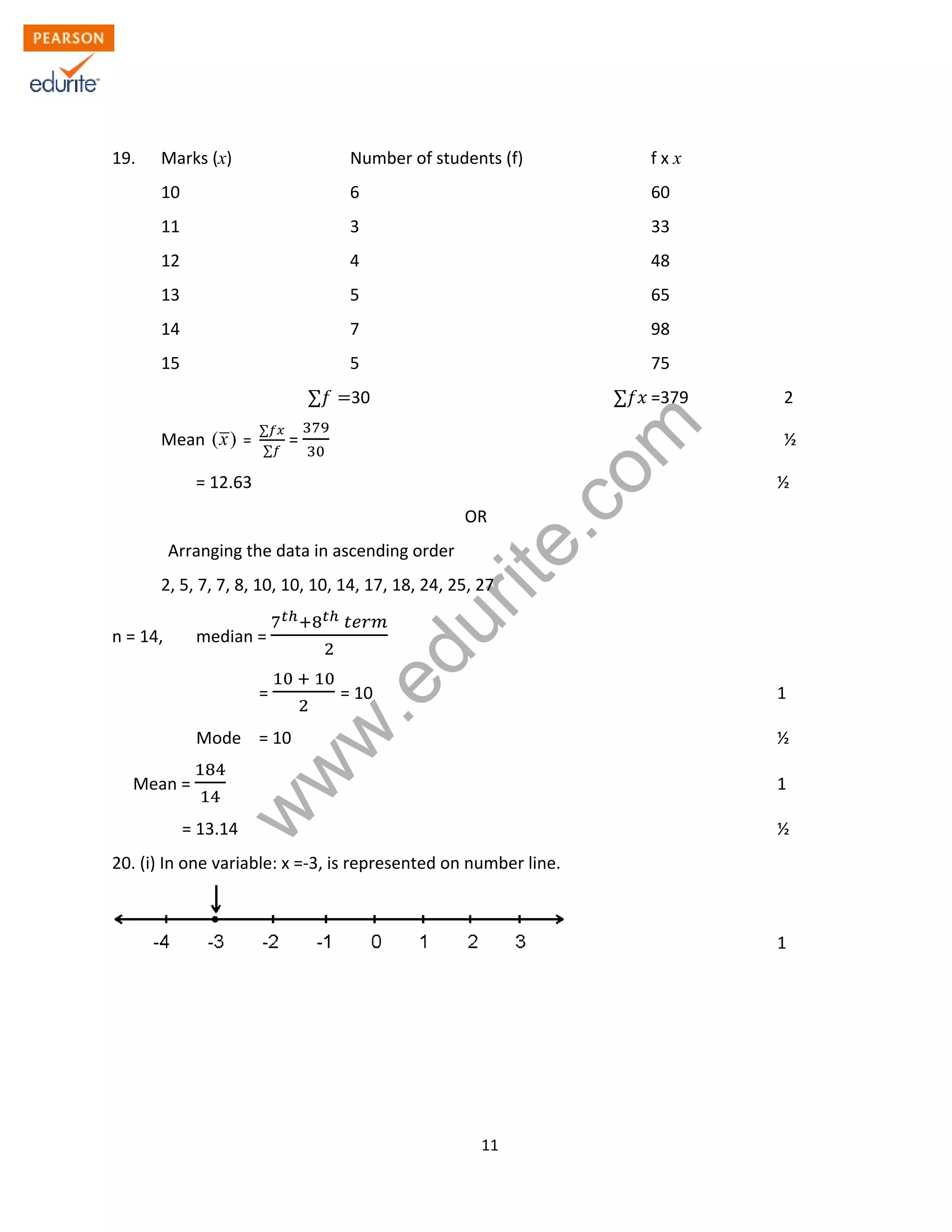 w
w
w
.edurite.com
11
19. Marks (x) Number of students (f) f x x
10 6 60
11 3 33
12 4 48
13 5 65
14 7 98
15 5 75
∑ 30 ∑ =379 2
Mean ( )x =
∑
∑
= ½
= 12.63 ½
OR
Arranging the data in ascending order
2, 5, 7, 7, 8, 10, 10, 10, 14, 17, 18, 24, 25, 27
n = 14, median =
= = 10 1
Mode = 10 ½
Mean = 1
= 13.14 ½
20. (i) In one variable: x =-3, is represented on number line.
1
 