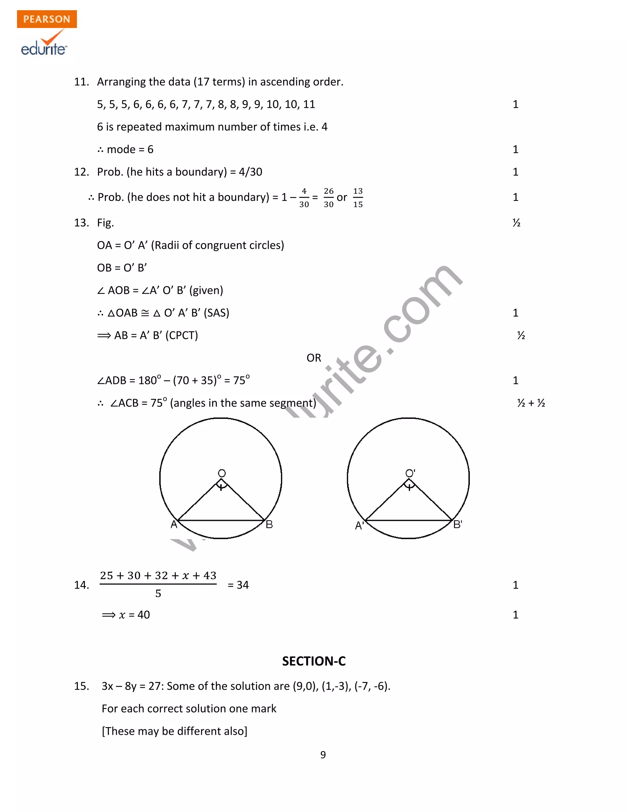 w
w
w
.edurite.com
9
11. Arranging the data (17 terms) in ascending order.
5, 5, 5, 6, 6, 6, 6, 7, 7, 7, 8, 8, 9, 9, 10, 10, 11 1
6 is repeated maximum number of times i.e. 4
mode = 6 1
12. Prob. (he hits a boundary) = 4/30 1
Prob. (he does not hit a boundary) = 1 – = or 1
13. Fig. ½
OA = O’ A’ (Radii of congruent circles)
OB = O’ B’
AOB = A’ O’ B’ (given)
OAB O’ A’ B’ (SAS) 1
AB = A’ B’ (CPCT) ½
OR
ADB = 180o
– (70 + 35)o
= 75o
1
ACB = 75o
(angles in the same segment) ½ + ½
14. = 34 1
= 40 1
SECTION-C
15. 3x – 8y = 27: Some of the solution are (9,0), (1,-3), (-7, -6).
For each correct solution one mark
[These may be different also]
 
