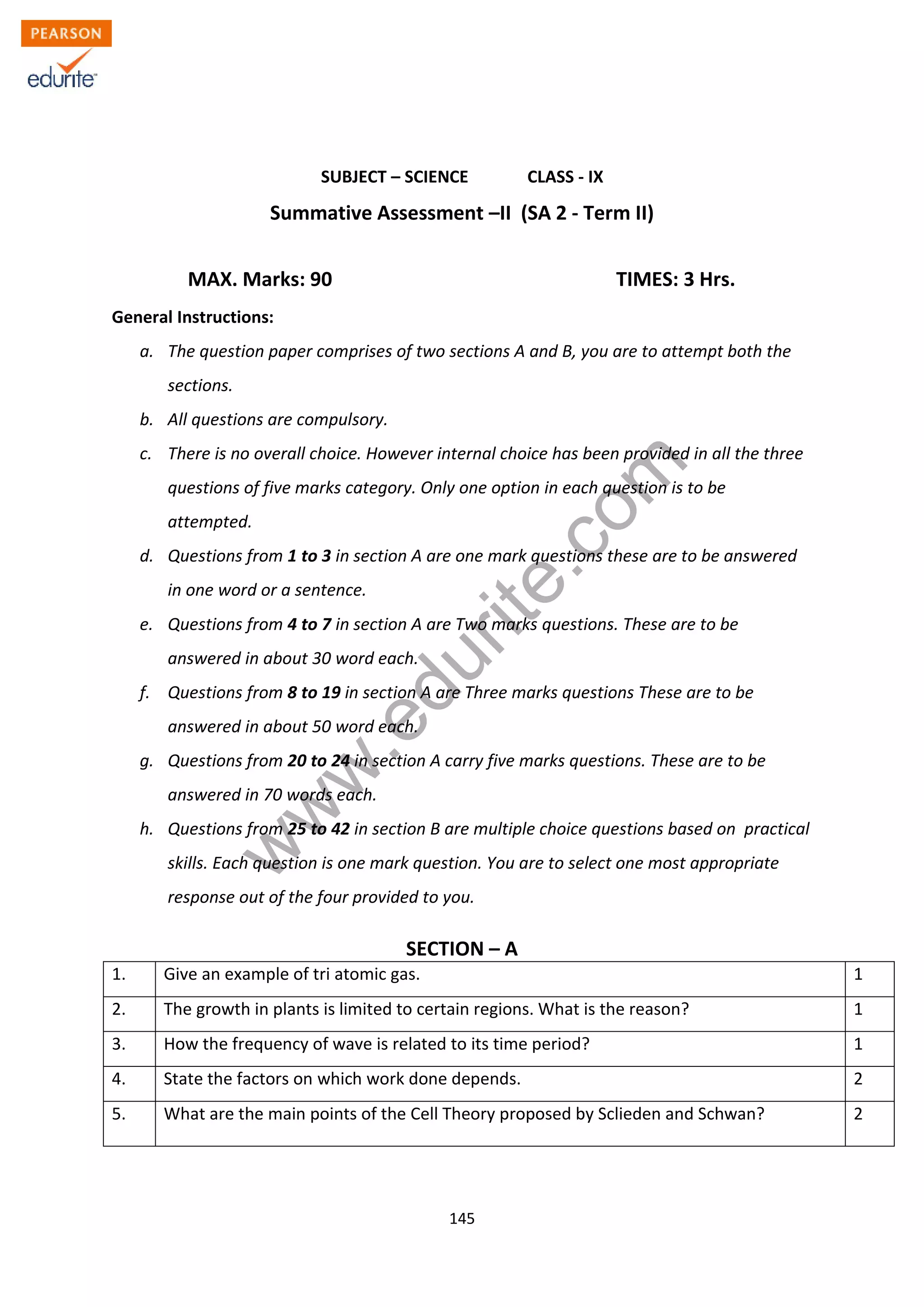 Class 9 Cbse Science Sample Paper Term 2 Model 1 | PDF