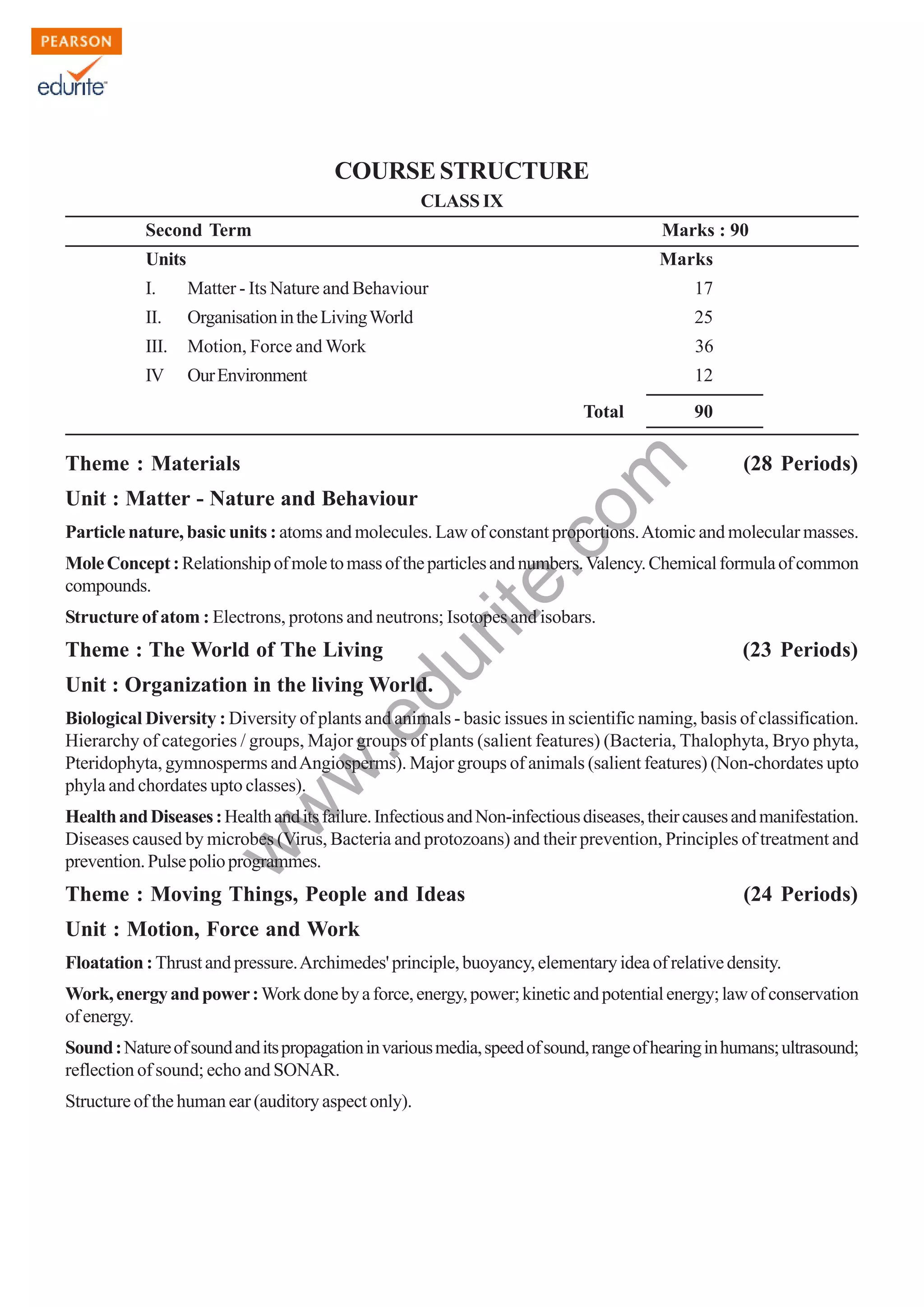 w
w
w
.edurite.com
124
COURSE STRUCTURE
CLASS IX
Second Term Marks : 90
Units Marks
I. Matter - Its Nature and Behaviour 17
II. OrganisationintheLivingWorld 25
III. Motion, Force and Work 36
IV OurEnvironment 12
Total 90
Theme : Materials (28 Periods)
Unit : Matter - Nature and Behaviour
Particle nature, basic units : atoms and molecules. Law of constant proportions.Atomic and molecular masses.
MoleConcept:Relationshipofmoletomassoftheparticlesandnumbers.Valency.Chemicalformulaofcommon
compounds.
Structure of atom : Electrons, protons and neutrons; Isotopes and isobars.
Theme : The World of The Living (23 Periods)
Unit : Organization in the living World.
Biological Diversity : Diversity of plants and animals - basic issues in scientific naming, basis of classification.
Hierarchy of categories / groups, Major groups of plants (salient features) (Bacteria, Thalophyta, Bryo phyta,
Pteridophyta, gymnosperms andAngiosperms). Major groups of animals (salient features) (Non-chordates upto
phyla and chordates upto classes).
HealthandDiseases:Healthanditsfailure.InfectiousandNon-infectiousdiseases,theircausesandmanifestation.
Diseases caused by microbes (Virus, Bacteria and protozoans) and their prevention, Principles of treatment and
prevention.Pulsepolioprogrammes.
Theme : Moving Things, People and Ideas (24 Periods)
Unit : Motion, Force and Work
Floatation:Thrustandpressure.Archimedes'principle,buoyancy,elementaryideaofrelativedensity.
Work,energyandpower:Workdonebyaforce,energy,power;kineticandpotentialenergy;lawofconservation
ofenergy.
Sound:Natureofsoundanditspropagationinvariousmedia,speedofsound,rangeofhearinginhumans;ultrasound;
reflection of sound; echo and SONAR.
Structure of the human ear (auditory aspect only).
 