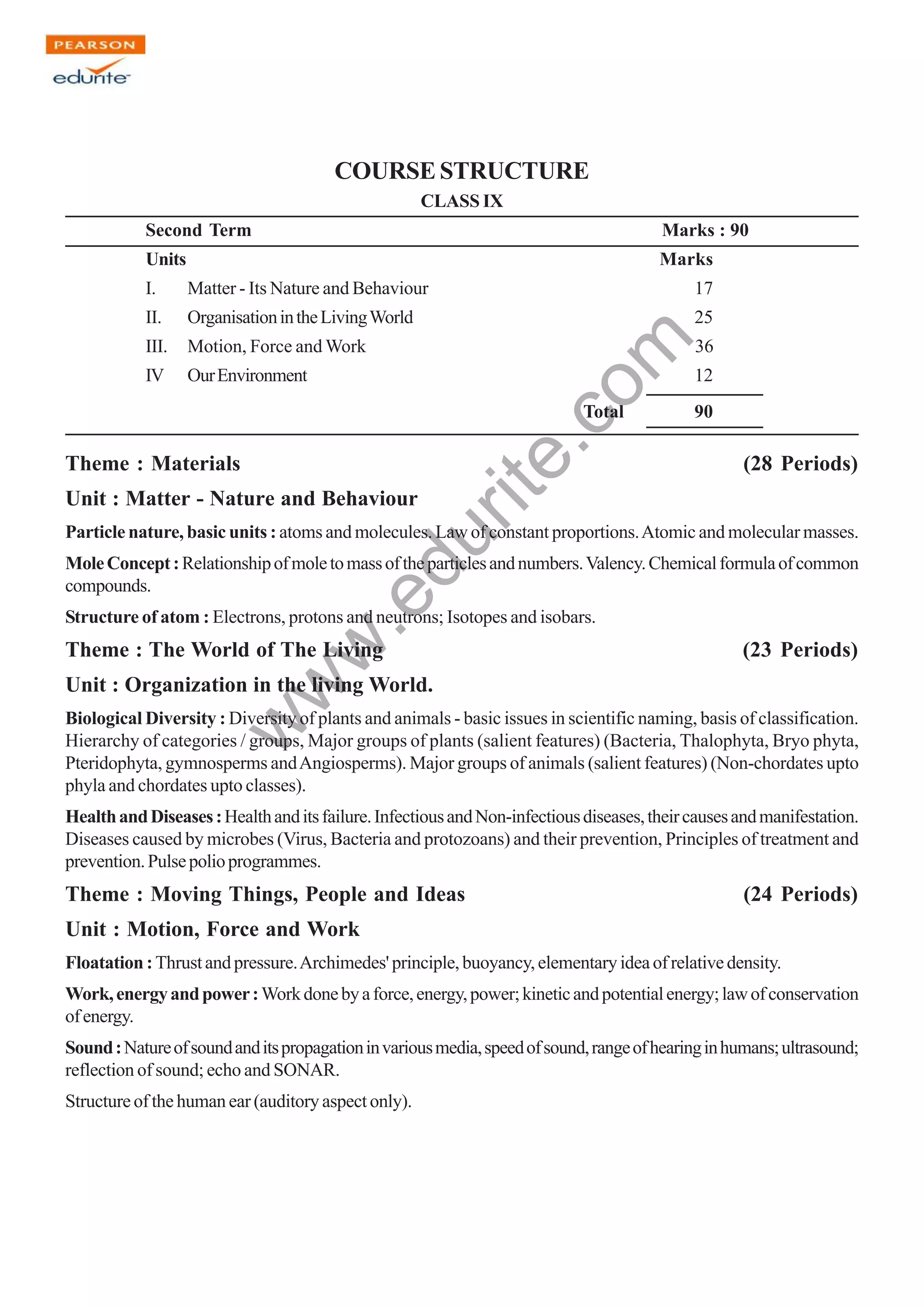 w
w
w
.edurite.com
124
COURSE STRUCTURE
CLASS IX
Second Term Marks : 90
Units Marks
I. Matter - Its Nature and Behaviour 17
II. OrganisationintheLivingWorld 25
III. Motion, Force and Work 36
IV OurEnvironment 12
Total 90
Theme : Materials (28 Periods)
Unit : Matter - Nature and Behaviour
Particle nature, basic units : atoms and molecules. Law of constant proportions.Atomic and molecular masses.
MoleConcept:Relationshipofmoletomassoftheparticlesandnumbers.Valency.Chemicalformulaofcommon
compounds.
Structure of atom : Electrons, protons and neutrons; Isotopes and isobars.
Theme : The World of The Living (23 Periods)
Unit : Organization in the living World.
Biological Diversity : Diversity of plants and animals - basic issues in scientific naming, basis of classification.
Hierarchy of categories / groups, Major groups of plants (salient features) (Bacteria, Thalophyta, Bryo phyta,
Pteridophyta, gymnosperms andAngiosperms). Major groups of animals (salient features) (Non-chordates upto
phyla and chordates upto classes).
HealthandDiseases:Healthanditsfailure.InfectiousandNon-infectiousdiseases,theircausesandmanifestation.
Diseases caused by microbes (Virus, Bacteria and protozoans) and their prevention, Principles of treatment and
prevention.Pulsepolioprogrammes.
Theme : Moving Things, People and Ideas (24 Periods)
Unit : Motion, Force and Work
Floatation:Thrustandpressure.Archimedes'principle,buoyancy,elementaryideaofrelativedensity.
Work,energyandpower:Workdonebyaforce,energy,power;kineticandpotentialenergy;lawofconservation
ofenergy.
Sound:Natureofsoundanditspropagationinvariousmedia,speedofsound,rangeofhearinginhumans;ultrasound;
reflection of sound; echo and SONAR.
Structure of the human ear (auditory aspect only).
 