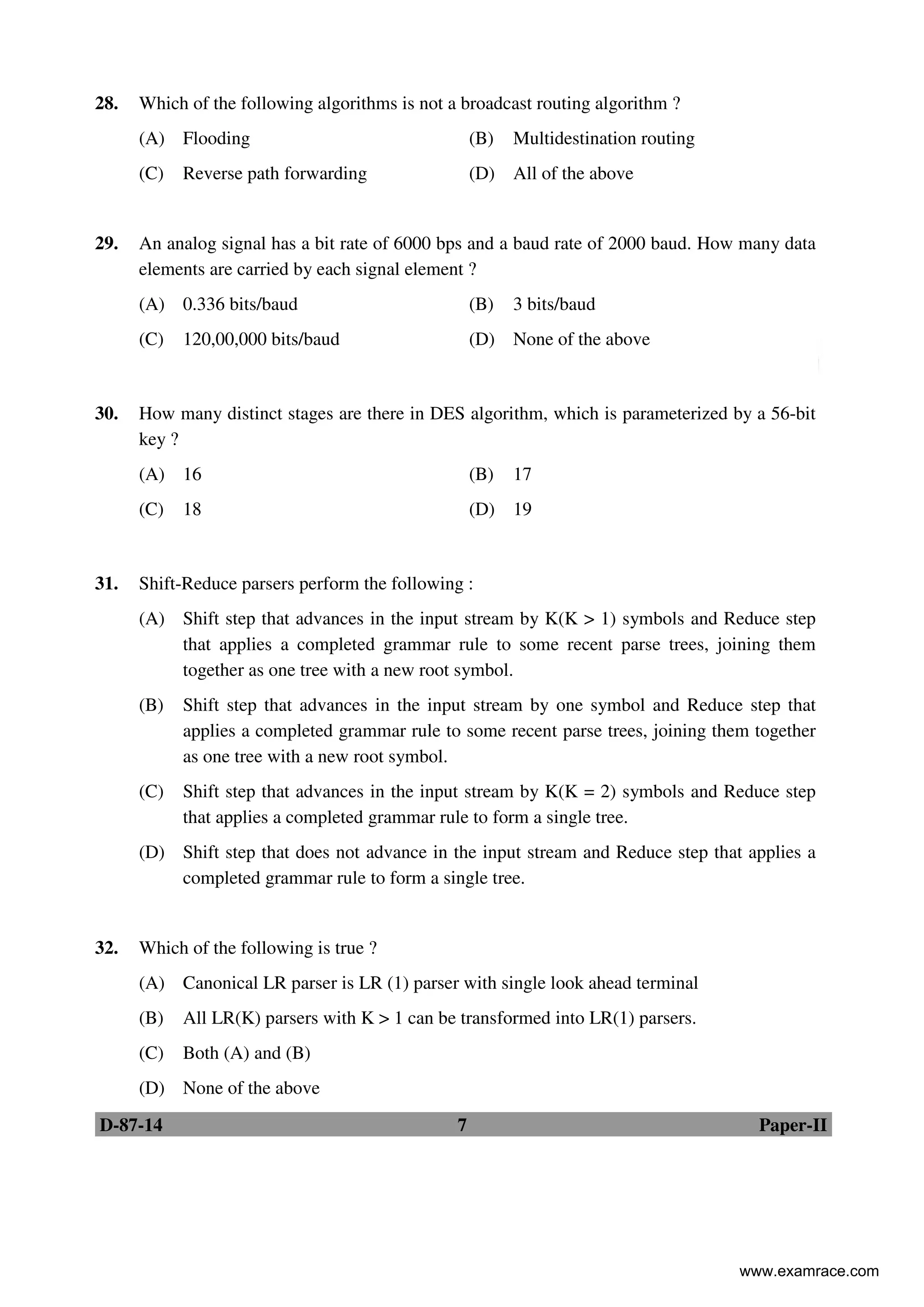 D-87-14 7 Paper-II
28. Which of the following algorithms is not a broadcast routing algorithm ?
(A) Flooding (B) Multidestination routing
(C) Reverse path forwarding (D) All of the above
29. An analog signal has a bit rate of 6000 bps and a baud rate of 2000 baud. How many data
elements are carried by each signal element ?
(A) 0.336 bits/baud (B) 3 bits/baud
(C) 120,00,000 bits/baud (D) None of the above
30. How many distinct stages are there in DES algorithm, which is parameterized by a 56-bit
key ?
(A) 16 (B) 17
(C) 18 (D) 19
31. Shift-Reduce parsers perform the following :
(A) Shift step that advances in the input stream by K(K > 1) symbols and Reduce step
that applies a completed grammar rule to some recent parse trees, joining them
together as one tree with a new root symbol.
(B) Shift step that advances in the input stream by one symbol and Reduce step that
applies a completed grammar rule to some recent parse trees, joining them together
as one tree with a new root symbol.
(C) Shift step that advances in the input stream by K(K = 2) symbols and Reduce step
that applies a completed grammar rule to form a single tree.
(D) Shift step that does not advance in the input stream and Reduce step that applies a
completed grammar rule to form a single tree.
32. Which of the following is true ?
(A) Canonical LR parser is LR (1) parser with single look ahead terminal
(B) All LR(K) parsers with K > 1 can be transformed into LR(1) parsers.
(C) Both (A) and (B)
(D) None of the above
www.examrace.com
 