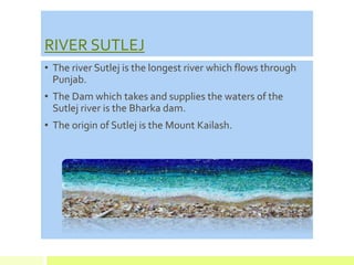 RIVER SUTLEJ
• The river Sutlej is the longest river which flows through
Punjab.
• The Dam which takes and supplies the waters of the
Sutlej river is the Bharka dam.
• The origin of Sutlej is the Mount Kailash.
 