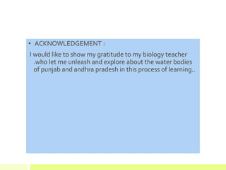 • ACKNOWLEDGEMENT :
I would like to show my gratitude to my biology teacher
.who let me unleash and explore about the water bodies
of punjab and andhra pradesh in this process of learning..
 