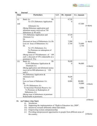 10. Journal
Date Particulars L.F. Dr. Amount
`
Cr. Amount `
(i) Bank A/c Dr.
To 12% Debenture Application
and
Allotment A/c
(Being Debenture application and
allotment money received on 750
debentures @ 90 each)
67,50
0
67,500
12% Debenture Application and
Allotment A/c
Dr.
Discount on Issue of Debentures A/c Dr.
Loss on Issue of Debentures A/c
Dr.
To 12% Debentures A/c
To Premium on redemption of
Debenture
(Being issue of 750 debentures of ` 100
each a discount of 10% redeemable at a
premium of 5%)
. 67,50
0
7,500
3,750 75,000
3,750
(ii) Bank A/c Dr.
To 9% Debenture Application &
Allotment A/c
(Being application and allotment money
received on 800 debentures @ ` 120
each.)
96,00
0 96,000
9% Debenture Application &
Allotment A/C
Dr.
Loss on Issue of Debenture A/c
Dr.
To 9% Debentures A/c
To Securities Premium Reserve A/c
To Premium on Redemption of
Debentures A/c
(Being issue of debentures at premium
Redeemable at premium).
96,00
0
8,000 80,000
16,000
8,000
11. (a) Values: (Any four)
(i) Secularism
(ii) Supporting the implementation of “Right to Education Act, 2009”.
(iii) Sensitivity towards differently abled individuals.
(iv) Empowering women entrepreneurship
(v) Providing entrepreneurial opportunities to people from different areas of
the country.
(½ Mark)
(1 Mark)
(½ Mark)
(1 Mark)
(3 Marks)
(2 Marks)
 
