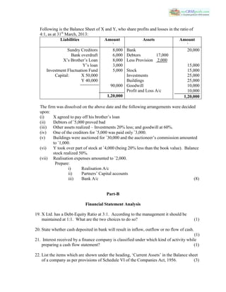 Following is the Balance Sheet of X and Y, who share profits and losses in the ratio of
4:1, as at 31st
March, 2013:
Liabilities Amount
`
Assets Amount
`
Sundry Creditors
Bank overdraft
X’s Brother’s Loan
Y’s loan
Investment Fluctuation Fund
Capital: X 50,000
Y 40,000
8,000
6,000
8,000
3,000
5,000
90,000
1,20,000
Bank
Debtors 17,000
Less Provision 2,000
Stock
Investments
Buildings
Goodwill
Profit and Loss A/c
20,000
15,000
15,000
25,000
25,000
10,000
10,000
1,20,000
The firm was dissolved on the above date and the following arrangements were decided
upon:
(i) X agreed to pay off his brother’s loan
(ii) Debtors of `5,000 proved bad
(iii) Other assets realized – Investments 20% less; and goodwill at 60%.
(iv) One of the creditors for `5,000 was paid only `3,000.
(v) Buildings were auctioned for `30,000 and the auctioneer’s commission amounted
to `1,000.
(vi) Y took over part of stock at `4,000 (being 20% less than the book value). Balance
stock realized 50%.
(vii) Realisation expenses amounted to `2,000.
Prepare:
i) Realisation A/c
ii) Partners’ Capital accounts
iii) Bank A/c (8)
Part-B
Financial Statement Analysis
19. X Ltd. has a Debt-Equity Ratio at 3:1. According to the management it should be
maintained at 1:1. What are the two choices to do so? (1)
20. State whether cash deposited in bank will result in inflow, outflow or no flow of cash.
(1)
21. Interest received by a finance company is classified under which kind of activity while
preparing a cash flow statement? (1)
22. List the items which are shown under the heading, ‘Current Assets’ in the Balance sheet
of a company as per provisions of Schedule VI of the Companies Act, 1956. (3)
 