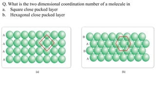 Q. What is the two dimensional coordination number of a molecule in
a. Square close packed layer
b. Hexagonal close packed layer
 