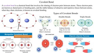 Covalent Bond
A covalent bond is a chemical bond that involves the sharing of electron pairs between atoms. These electron pairs
are known as shared pairs or bonding pairs, and the stable balance of attractive and repulsive forces between atoms,
when they share electrons, is known as covalent bonding.
Dispersion or London Forces
 