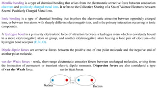 Metallic bonding is a type of chemical bonding that arises from the electrostatic attractive force between conduction
electrons and positively charged metal ions. It refers to the Collective Sharing of a Sea of Valence Electrons between
Several Positively Charged Metal Ions.
Ionic bonding is a type of chemical bonding that involves the electrostatic attraction between oppositely charged
ions, or between two atoms with sharply different electronegativities, and is the primary interaction occurring in ionic
compounds.
A hydrogen bond is a primarily electrostatic force of attraction between a hydrogen atom which is covalently bound
to a more electronegative atom or group, and another electronegative atom bearing a lone pair of electrons—the
hydrogen bond acceptor (F, N, O).
Dipole-dipole forces are attractive forces between the positive end of one polar molecule and the negative end of
another polar molecule.
van der Waals forces - weak, short-range electrostatic attractive forces between uncharged molecules, arising from
the interaction of permanent or transient electric dipole moments. Dispersion forces are also considered a type
of van der Waals force.
 